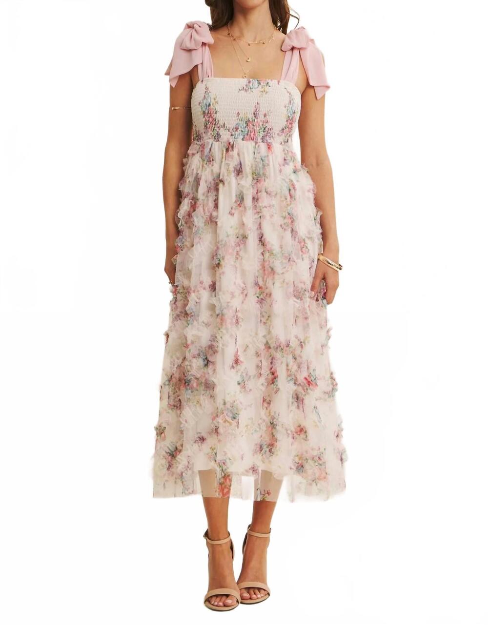 NEW IN FEBRUARY textured floral smocked midi dress in rose